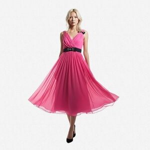 Kate Spade New York Hot Pink Midi Length V-neck Chiffon Dress Embellished Bows